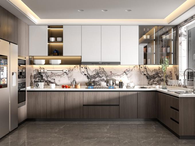 Plywood Kitchen Cabinet With Microwave & Handle Design Modern Custom Furniture 4
