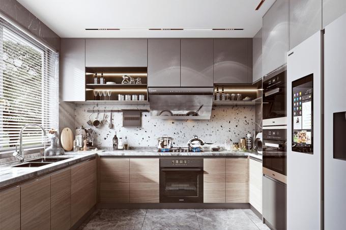 Modern Melamine Finish Kitchen Cabinet with Natural Stone Texture 2