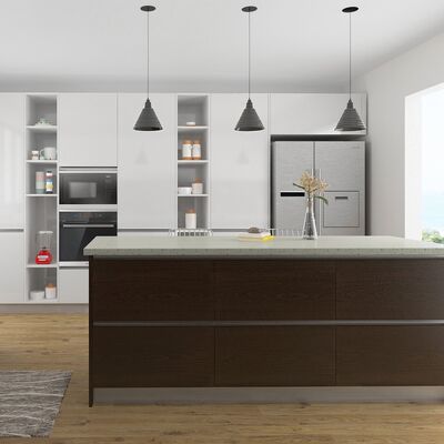 Customized Utility MDF Kitchen Cabinets Solutions With Rangehood