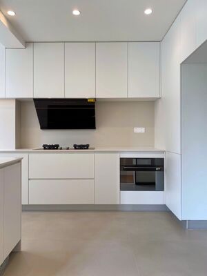 buy Cream White Kitchen Cabinet With Timber Countertop For Durable Kitchen online manufacturer