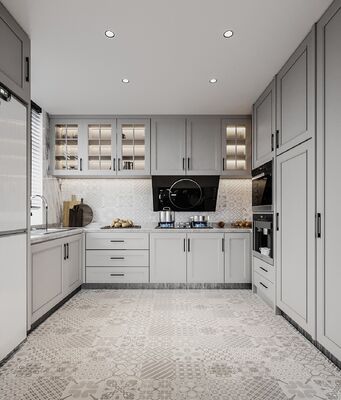 buy Modern L-Shaped Kitchen Cabinet Set Melamine Finish Particle Board Cabinet online manufacturer