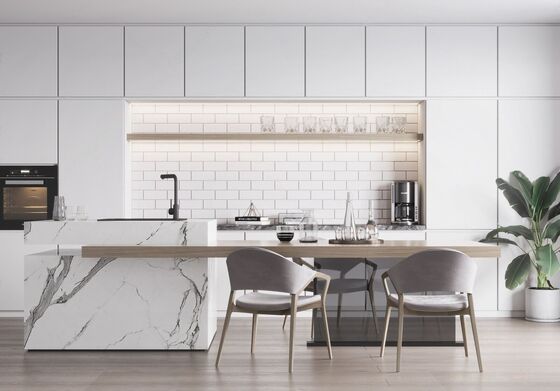 Anti Scratch Affordable HPL HPDL MDF Kitchen Cabinet With Quartz Countertop