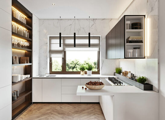 KITCHEN FURNITURE WITH KITCHEN CABINET VENEER OF BEADED SHAKER PANEL AND SOLID WOOD