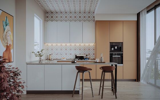 Steel Handleless Lacquer PVC Kitchen Cabinet With Big Island For Restaurant