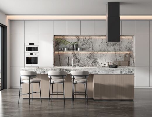 Matte Lacquer Finish Brown L&U Shape Wooden Furniture Of Kitchen Cupboard