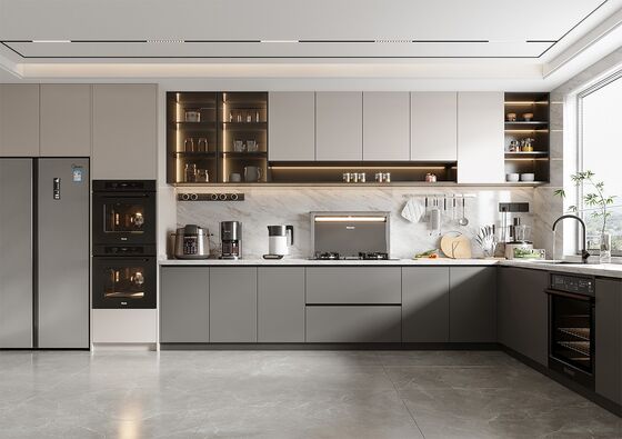 Modern Wood Grain Stone Surface Melamine Customized MDF Kitchen Cabinetry