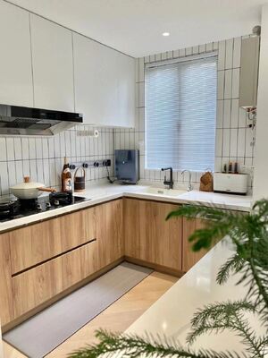 L-Shaped Open Kitchen Flat Panel Cupboard with Benchtop Kitchen Cabinets