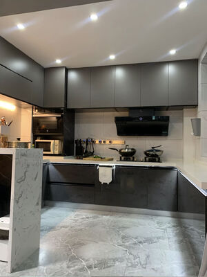 Modern Design Melamine Finish With Quartz Stone Waterfall Island Kitchen Cabinet