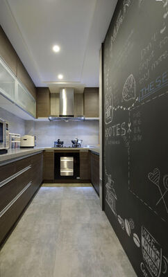Wood Grain Kitchen Cabinet Slab Door Panel Cupboard With Quartz Countertop