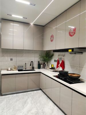 Three Section Track Linear Style Wood Kitchen Cabinet Wooden Cupboard