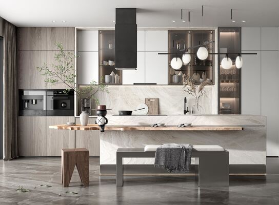 Modern Sintered Stone Kitchen Island with Custom Cabinets