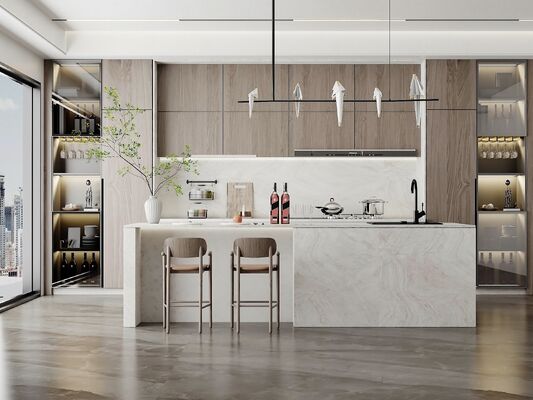 L-Shaped Modular Kitchen Cabinets Wood Grain Matte Lacquer Finish Built-In