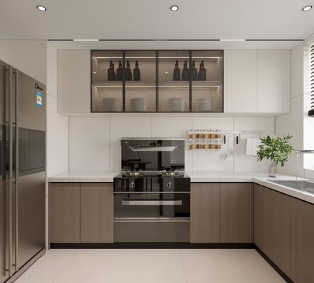 L-Shaped Modular Kitchen Cabinets Wood Grain Matte Lacquer Finish Built-In
