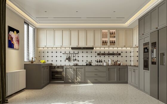 L-Shaped Modular Kitchen Cabinets Wood Grain Matte Lacquer Finish Built-In