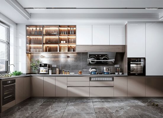 Modern L-Shaped Kitchen Cabinet Set Melamine Finish Particle Board Cabinet