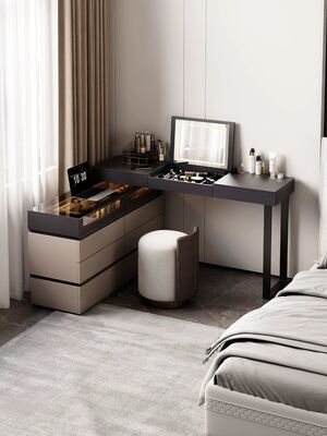 Custom Upholstered Dark Wood Dressing Table Bedroom Makeup Vanity
